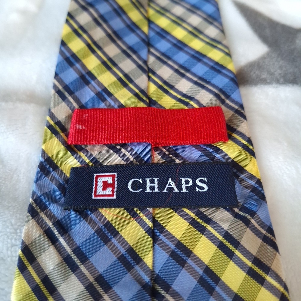 Chaps Mens Necktie Blue and Yellow Plaid 100% Silk Designer Tie Handmade - Picture 2 of 9